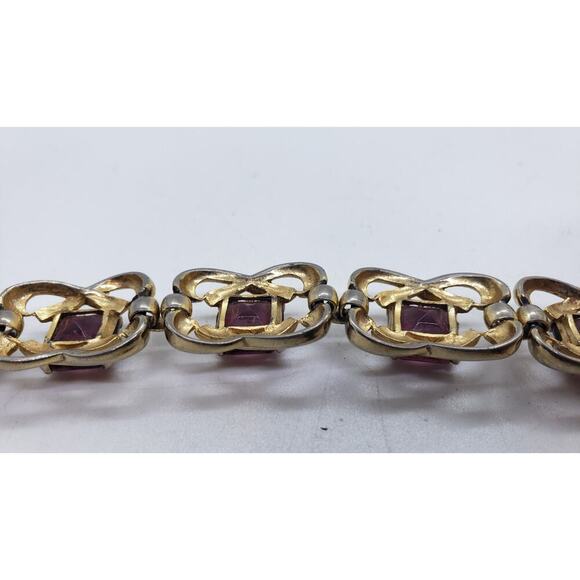 Vintage Link Bracelet Gold Wash Big Purple faceted Glass Stones Chunky Wide 60s - Picture 9 of 10